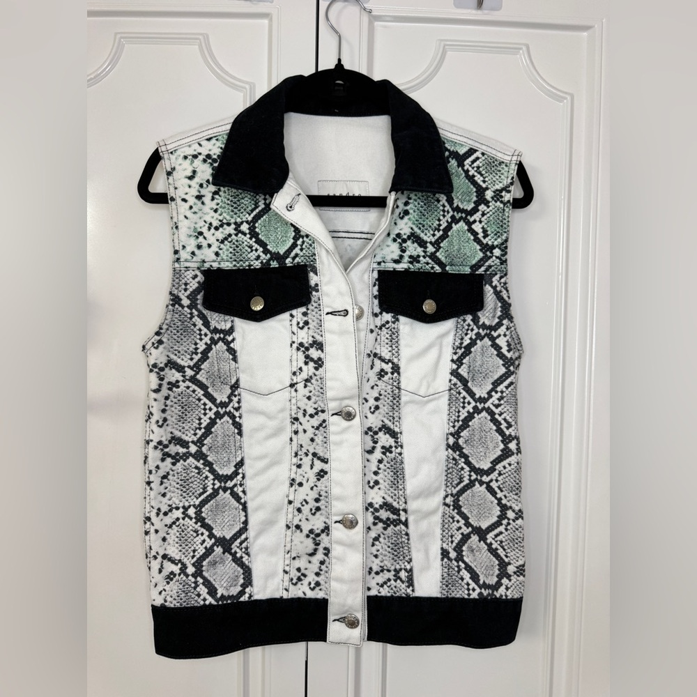 Sandro Black & Mint Snake-Print Denim Vest